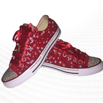Low-top červené plátno topánky červenou stuhou pohodlné športové vychádzkové topánky ručne vyrábané drahokamu páse s nástrojmi pearl vulkanizovanej topánky 35-46