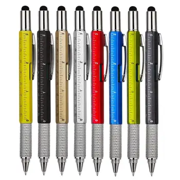 100ks 6 v 1 Nástroj Guľôčkové Pero Skrutkovač Pravítko Ducha Úrovni Multi-funkčný Hliníkový Dotykový Stylus Pen