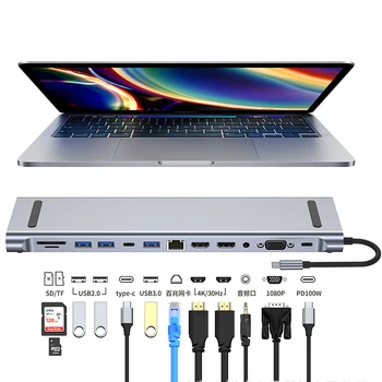 12 V 1 USB HUB 3 0 Typu C 4K HDMI Dock Stanica Sledovať Video Converter RJ45 Ethernet SD TF Card Reader Splitter Pre Macbook air