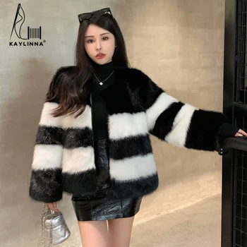 2023 Zimné Nový Fox Kožušiny Tráva Čierne a Biele Kontrast Kabát dámske Krátke Slim Fit Temperament Celebrity Kabát