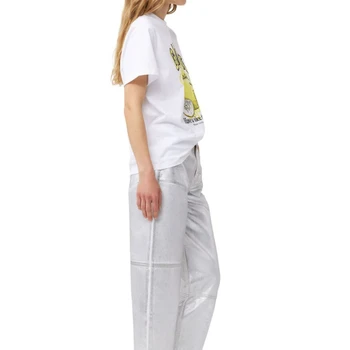 2024 Jar a v Lete Nové Biele Bavlnené tričko Citrón Vzor Vytlačené Bežné Okrúhlym Výstrihom, Krátke rukávy Top Ženy
