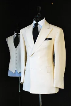 3 Kusy(Bunda+Nohavice+Vesta) Biele Prádlo Dvojité Breasted Muži Obleky Pre Svadobné Zákazku Prom Ženícha Strany Nosiť Muži Oblek, Smoking