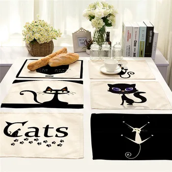 40X30cm Roztomilý Black Cat Vzor Kuchyňa Placemat Jedálenský Stôl Rohože Piť Tácky Západnej Pad Bavlnená posteľná Bielizeň Pohár Mat Domova