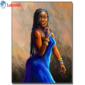 5D Diy Diamond Maľovanie Africkej Ženy Diamond Výšivky, Šperky modré šaty lady Obraz Plný Kruhové Námestie Vŕtať predaj Domova