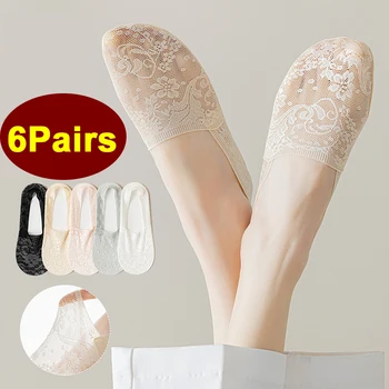 6Pairs Čipky Kvet Krátke Ponožky Ženy Lete Silikónový protišmykový Členkové Ponožky Neviditeľné Papuče Bavlna Duté Ponožky Žena