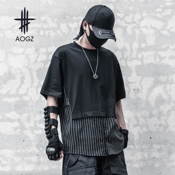 AOGZ Harajuku Prúžok Falošný Patchwork Dve Krátke Tričká Topy Lete Bežné tričko Mužov Hip Hop Streetwear Oblečenie Techwear