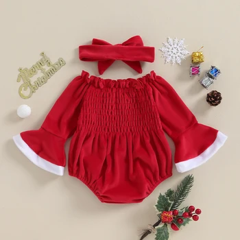 Detská Baby Dievčatá Oblečenie Vianočné Kombinézach Ruched Velvet Romper Roztomilý Nastaviť Zimné Detské Vianočné Oblečenie Oblečenie