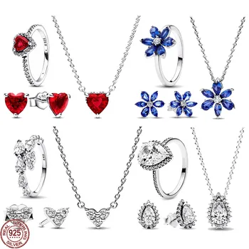 Dámy Kúzlo Šperky Set 925 Sterling Silver Klasický tvar Kvapky Snowflake Srdce Náhrdelníky Prstene, Náušnice fit DIY Šperky darček