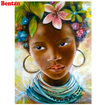 Krásne africké dievča kvet Plný Námestie kolo vŕtať DIY Diamond Maľovanie Diamond Mozaiky Diamond Výšivky Drahokamu Obrázok