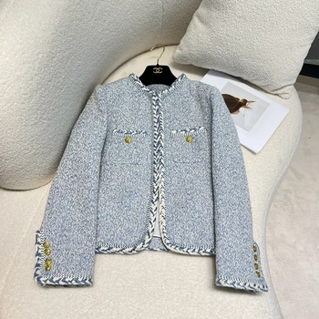 Kórejský Módy Nové v Coats & Bundy 2023 Luxusné Kvalitné Jeseň Zimné Oblečenie Žien Elegantné O-krku Modrá Bunda Tweed