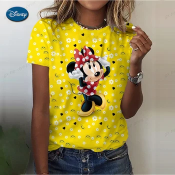 Letné dámske tričko Disney Minnie Mickey Mouse Tlač Tričko Pre Dámy Módne Ulici Krátke Sleeve Tee Roztomilej Príležitostné Tričko Top
