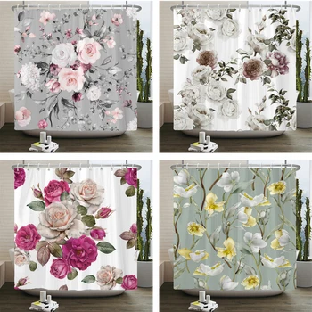 Listy Rastlín Kvet Sprchový Záves Tlač Moderné Nordic Kvetinový Vzor Polyster Textílie Domova Kúpeľňa Záves s Háčikmi
