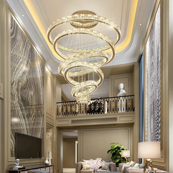 Luxusné LED Crystal Schodisko Luster Moderné Zlaté Krúžky Dizajn Cristal Závesné Lampy Dlho Villa Lobby Interiérové Svietidlá