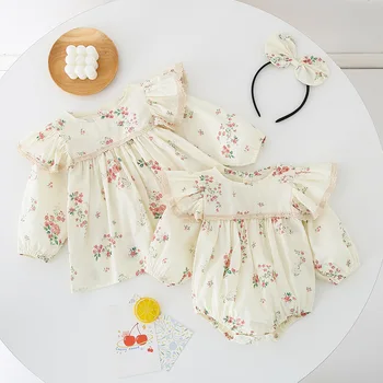 Na jar roku 2024 iny baby girl remienky čipky kvetov vytlačené voľné kojenecká dievčatá jumpsuit ruched dlho lietania rukáv batoľa dievčenské šaty