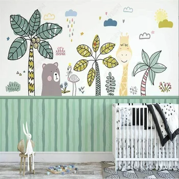 Nordic Cartoon Zelená Tapeta Tropických Lesov Stenu Papier Zvierat hry pre Deti Izba detská Izba Dekorácie
