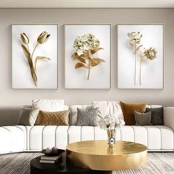 Nordic Golden White Rastlina Listy Wall Art Plátno na Maľovanie 3D vision Kvety Plagát Vytlačí Obrazy pre Moderné bývanie Izba Dekor