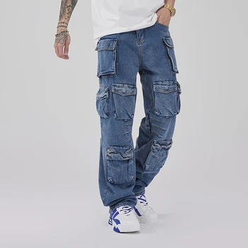 Nové Nákladu Džínsy Muži Móda Veľké Vrecká Bežné Nohavice Hip-hop Rovno Neforemné Širokú Nohu, Džínsové Nohavice Male Retro Streetwear