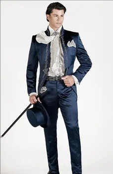 Nový Príchod Kostým Slim Fit Groomsmen Výšivky Ženícha Tuxedos Navy Satin Muži Obleky, Svadobné Najlepší Muž 2 Ks(Bunda+Nohavice+Kravatu)
