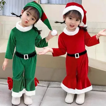 Nový Rok Elf Kostým Pre Deti Dievča Zelená Santa Claus Vyhovovali Set s Klobúk Deti Efektné Vianočné Party Šaty Nastavenie Výkonu