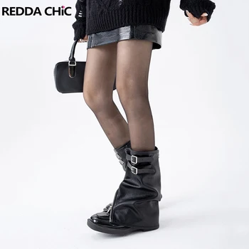 REDDACHiC Nepravidelný Zip-up Kožený Leg Warmers Ženy Y2k Retro Dekonštruovať Belted Kolená Dlhé Ponožky Steampunk Čierne Topánky Kryt