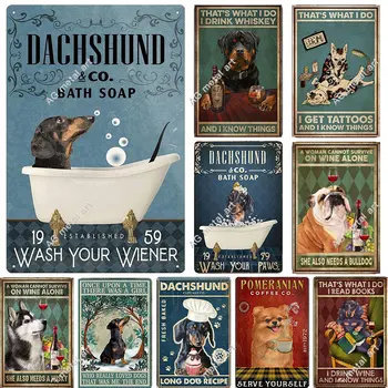 Roztomilý Pes Umývanie Packa Upozorniť Votrelec Drink Čítať Knihy Tetovanie Retro Kovové Prihlásiť Dekorácie Pet Shop Dekor Tin Vintage Plechu Plagát