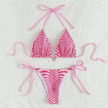 Sexy Ružové Srdce Prekladané Mikro Tangá Sú Stanovené String Plavky S Uväzovaním Za Ženy, Plavky, Plavky Mini Triangle Bikini Mujer