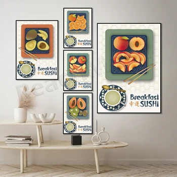 Sushi wall art print, pomaranč, broskyňa, jablko, kiwi, papája, avokádo japonské jedlo plagát, kuchynské nástenné dekor, ilustrácie