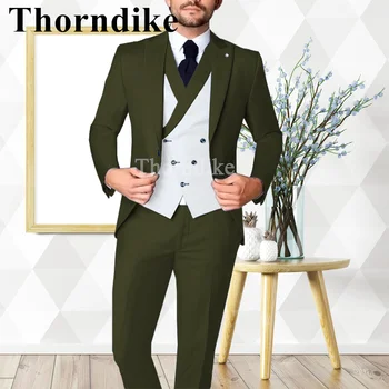 Thorndike 2022 Nový Štýl Príťažlivých Mužov je Vrchol Klopy Armády Zelené Sako Módne Svadobné Ženích Strana 3-dielna Tuxedo