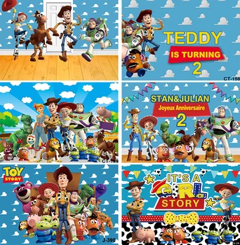 Toy Story Fotografie Pozadia pre Deti Chlapec Narodeninovej Party Dodávky Dekor Modrá Obloha, Biele Oblaky Stenu Cartoon Foto Pozadia