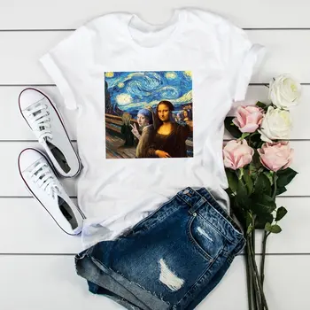 Tshirts Jednoduché Mona Lisa Tlač Ženy Short-sleeve Tee Tričko Roztomilý Kawaii Topy Zábavné Tričká 90. rokov Ženy Lady O-Krku Tees