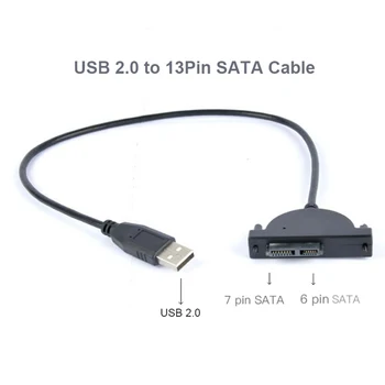 USB 2.0 Mini Sata II 7+6 13Pin Adaptér Converter Kábel pre Notebook, CD, DVD ROM Tenká Jednotky