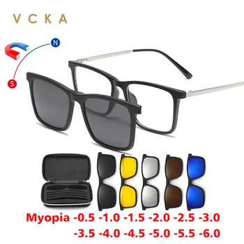 VCKA 6 V 1 Krátkozrakosť, slnečné Okuliare Námestie Muži Ženy Magnet Klip Polarizované Optické Vlastné Predpis Okuliarov, Okuliare, Rám -0.5~-10