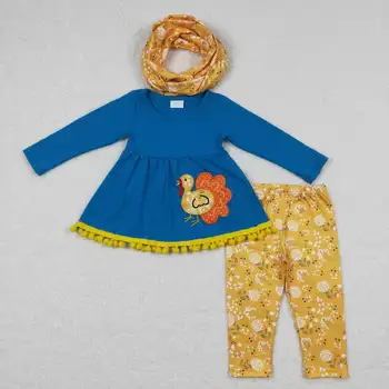 veľkoobchodný predaj hot baby dievčatá šaty Vyšívané Turecko Blue s Dlhým rukávom kvet Žltý nohavíc vyhovovali krku tri-dielna sada