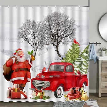 Vianočné Sprchový Záves, Zimné Farmy Snehuliak Santa Claus Truck Vianočný Strom, Dom, Červený Vták Snowflake Kúpeľňa Dekorácie