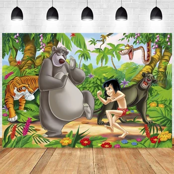 Vlastné Disney Jungle Book Pozadie Dekorácie Tropické Safari Zvieratá Detská Narodeninová Párty Lev, Medveď Fotografia V Pozadí