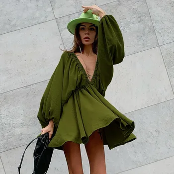 Úrad Sexy Nízky Rez Skladaný Šaty Backless Svietidla Rukáv 2022 Letné Šaty Žena Tvaru Vysoký Pás Bežné A-Line Zelené Šaty