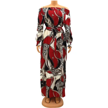 Červená Farba Tlačené Mimo Rameno Lístkového Rukáv Ženy Šaty Leopard Krídla Indie Folk Maxi Šaty pre Afriky