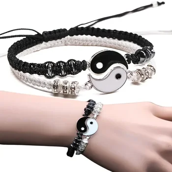 Čierna a biela yin-yang nastaviteľné lano náramok/náhrdelník, priateľstvo náhrdelník, priateľ a priateľka Valentína darček