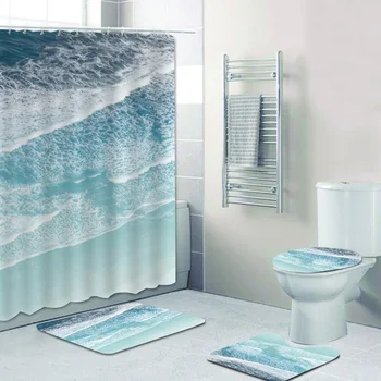 Štýlový 3D Karibiku Oceán, More Pena Vodné Vlny Sprchový Záves Nastaviť pre Kúpeľňa Modrá Prímorské Scenérie Vaňou Rohože Koberce Wc
