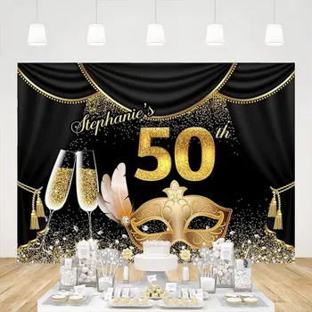 Šťastný 50. Narodeniny Pozadí Žena Maškaráda Šaty up Party Dekorácie Pozadie Opony Šampanské Diamond Masky, Rekvizity Foto
