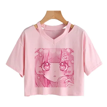 Ženy Roztomilý Módne oblečenie kawaii Tlač Tee Punk Krátky rukáv T-Shirt Príležitostné Voľné Ružová Anime Grafické tvaru Plodín Top streetwear