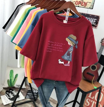 Ženy Tričko Zábavné Vytlačiť TeeTshirt Vysoko kvalitnej bavlny Voľné topy, šaty, Módne Femme Červené T-shirt kórejský Štýl Krátke Rukávy