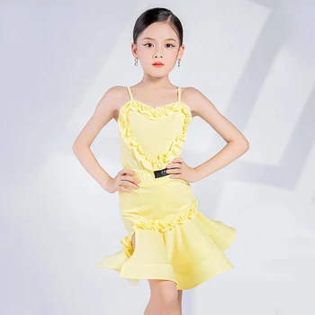 Žltá latinské Tanečné Šaty Dievčatá latinskej Strany Tanečné Šaty Deti Profesionálna tanečná Sála Tanečné Šaty Školenia Oblečenie XS6787